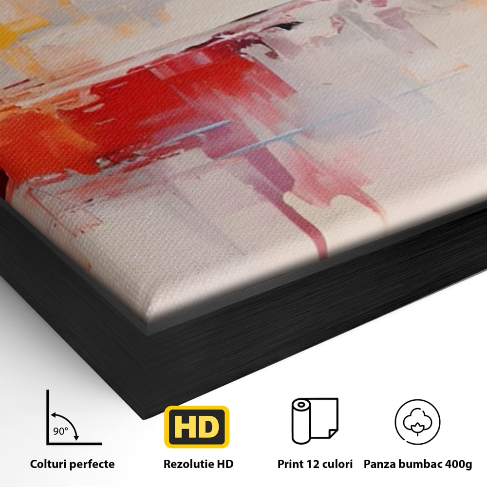 Detaliu al suprafetei: pictura abstracta cu reflexii colorate, in rama de aluminiu negru