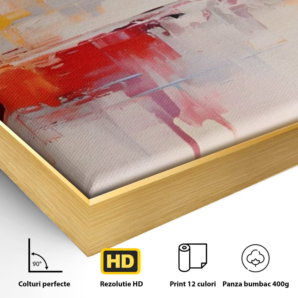 Detaliu al suprafetei: pictura abstracta cu reflexii colorate, in rama de aluminiu auriu