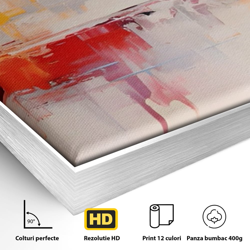 Detaliu al suprafetei: pictura abstracta cu reflexii colorate, in rama de aluminiu argintiu