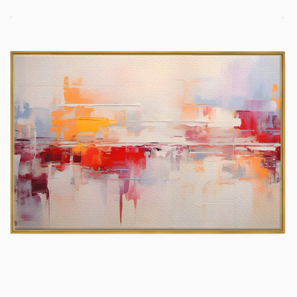 Tablou canvas cu pictura abstracta cu reflexii colorate, in rama de aluminiu auriu