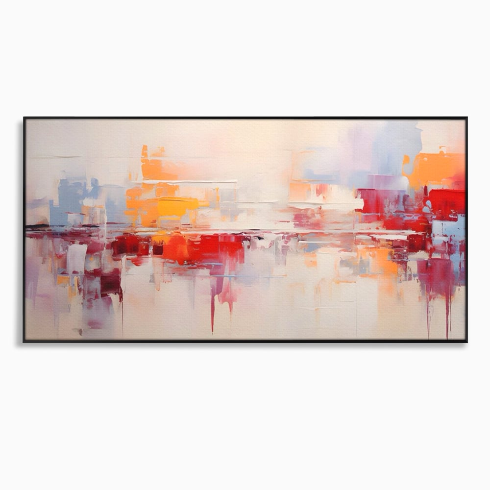 Tablou canvas cu pictura abstracta cu reflexii colorate, in rama de aluminiu negru