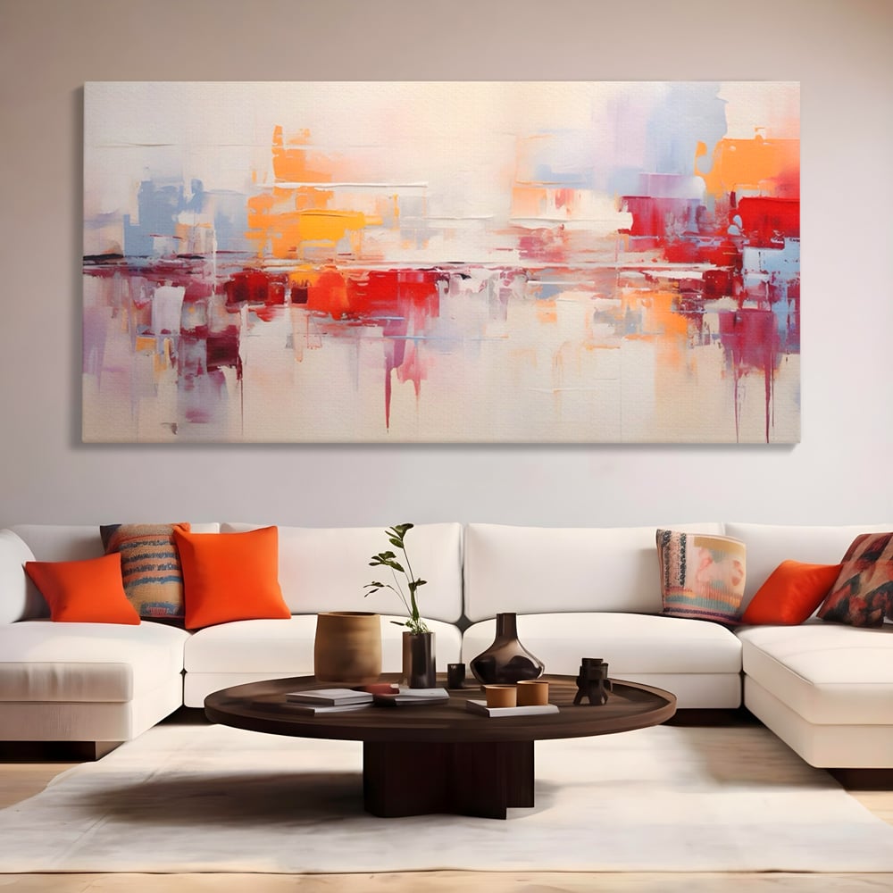 Tablou canvas cu pictura abstracta cu reflexii colorate, fara rama, pe sasiu de lemn, pe perete intr-un living