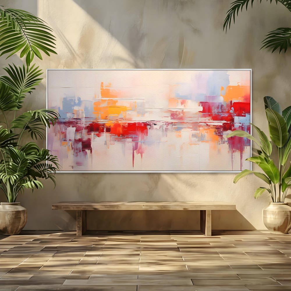 Tablou canvas cu pictura abstracta cu reflexii colorate, in rama de aluminiu argintiu