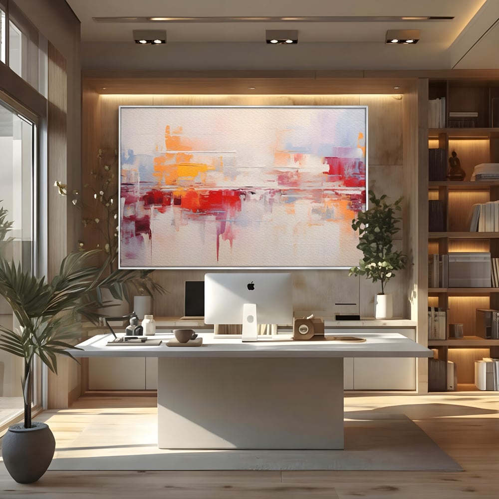 Tablou canvas cu pictura abstracta cu reflexii colorate, in rama de aluminiu argintiu, pe perete intr-un birou