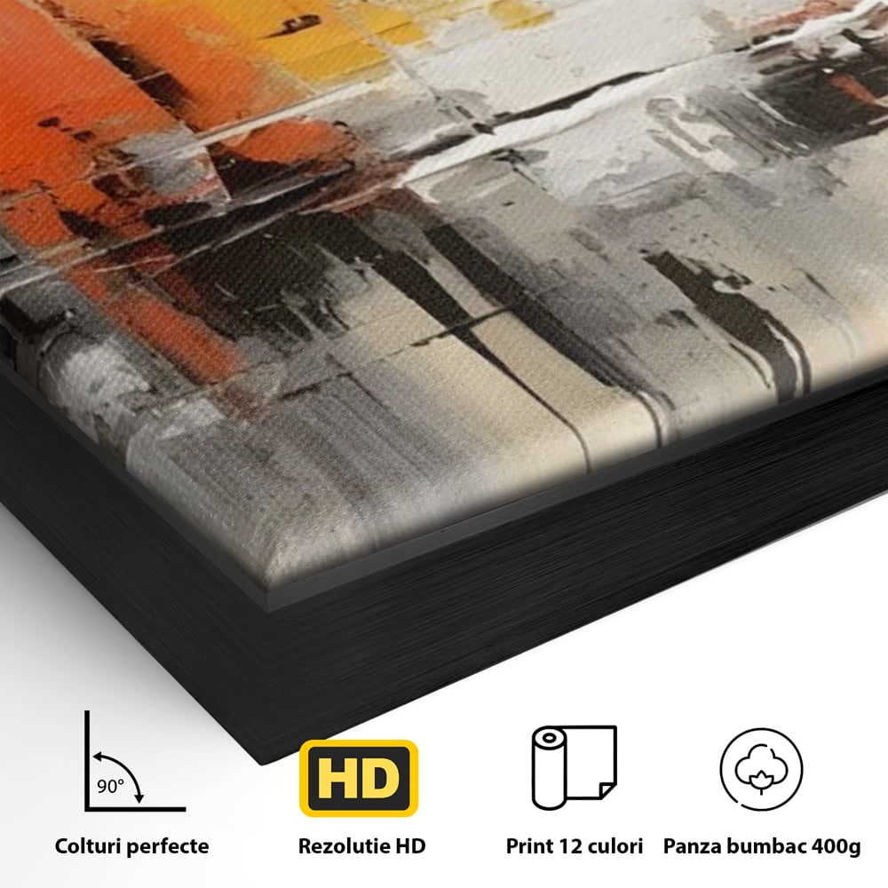 Detaliu al suprafetei: pictura abstracta cu turnuri portocalii, in rama de aluminiu negru