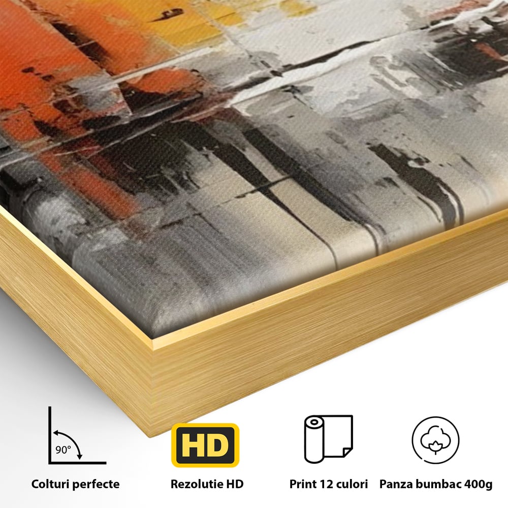 Detaliu al suprafetei: pictura abstracta cu turnuri portocalii, in rama de aluminiu auriu