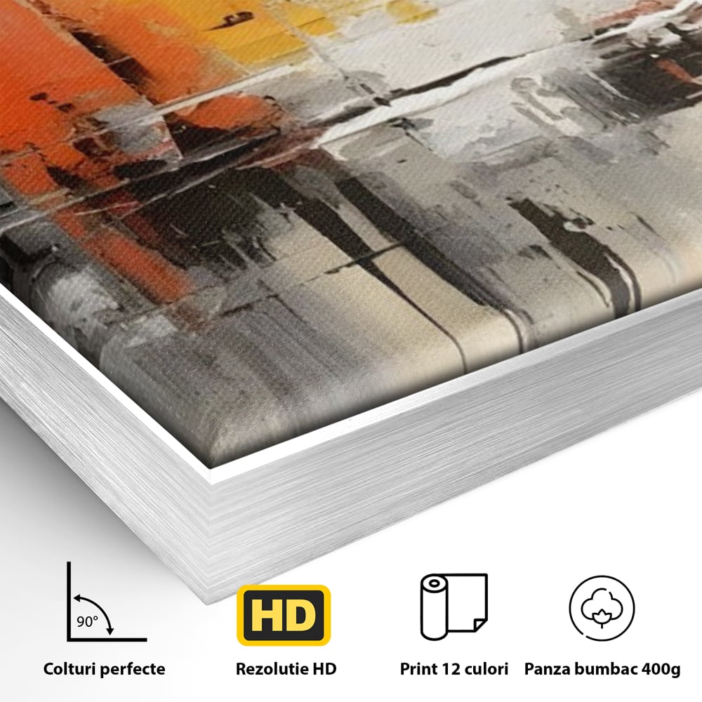 Detaliu al suprafetei: pictura abstracta cu turnuri portocalii, in rama de aluminiu argintiu