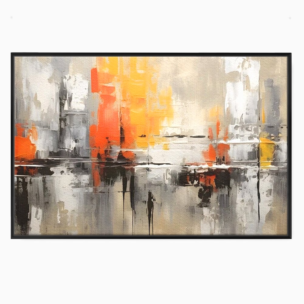 Tablou canvas cu pictura abstracta cu turnuri portocalii, in rama de aluminiu negru