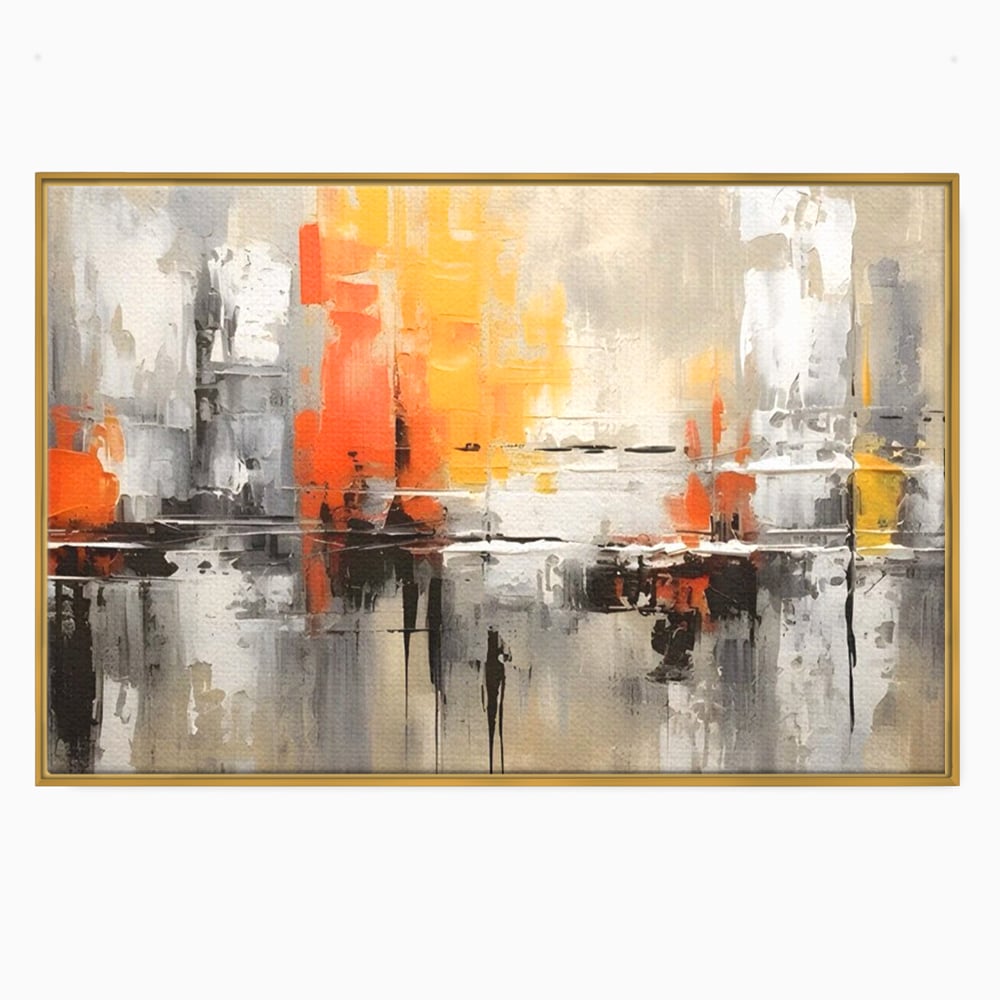 Tablou canvas cu pictura abstracta cu turnuri portocalii, in rama de aluminiu auriu