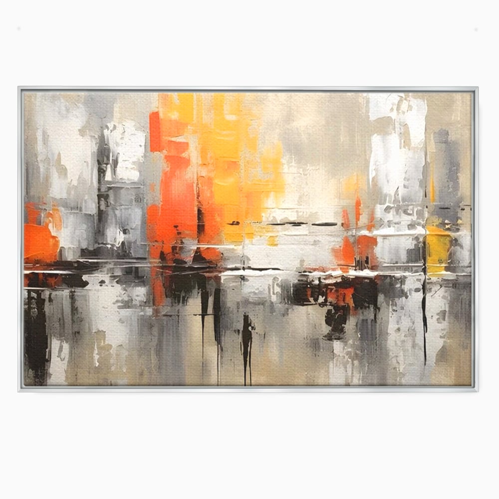 Tablou canvas cu pictura abstracta cu turnuri portocalii, in rama de aluminiu argintiu
