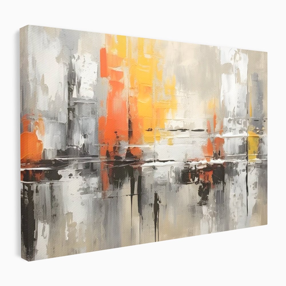 Tablou canvas cu pictura abstracta cu turnuri portocalii, fara rama, pe sasiu de lemn
