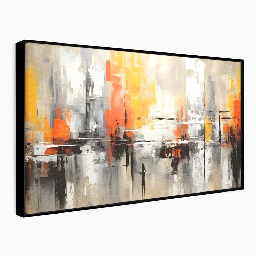 Tablou canvas cu pictura abstracta cu turnuri portocalii, in rama de aluminiu negru