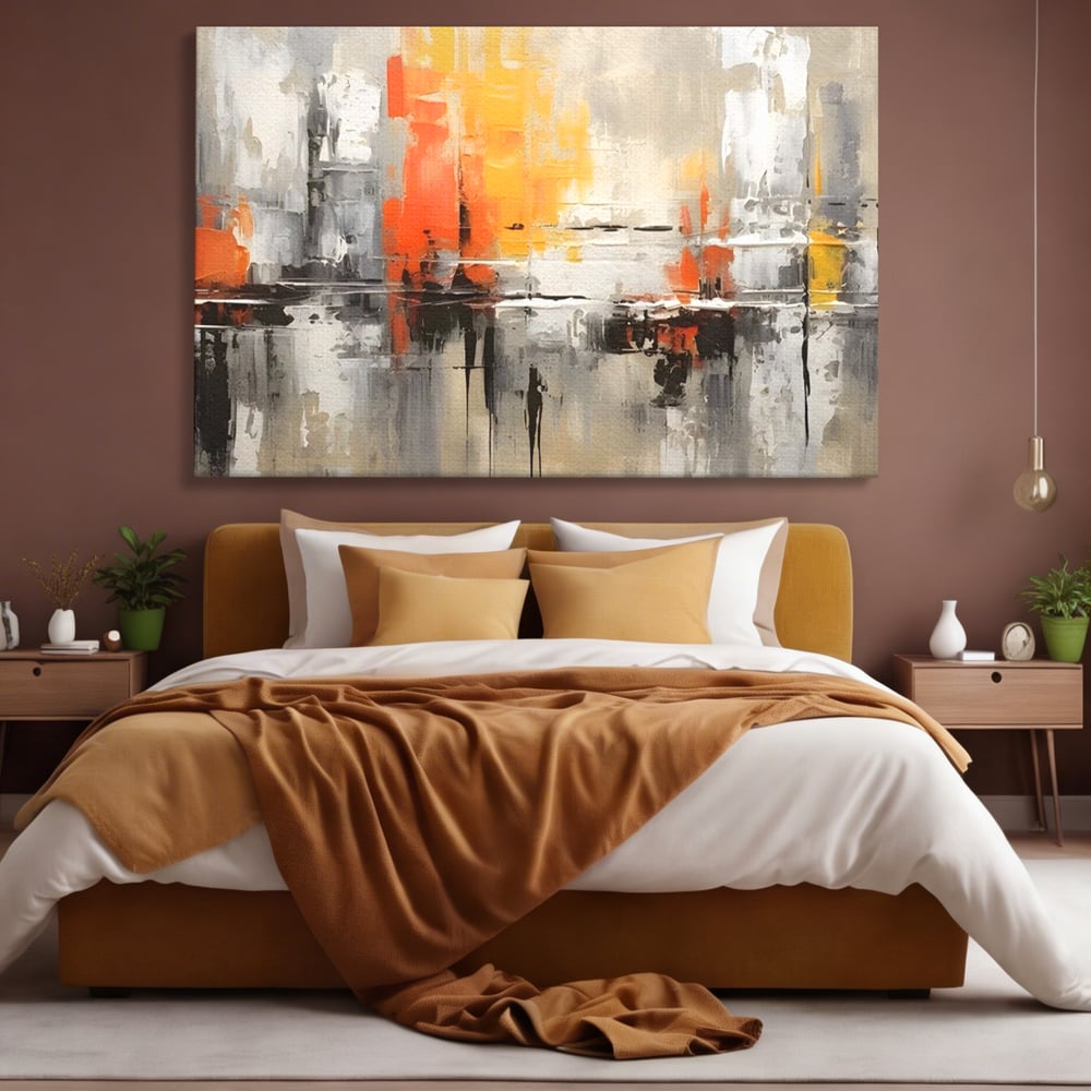 Tablou canvas cu pictura abstracta cu turnuri portocalii, fara rama, pe sasiu de lemn, pe perete intr-un dormitor