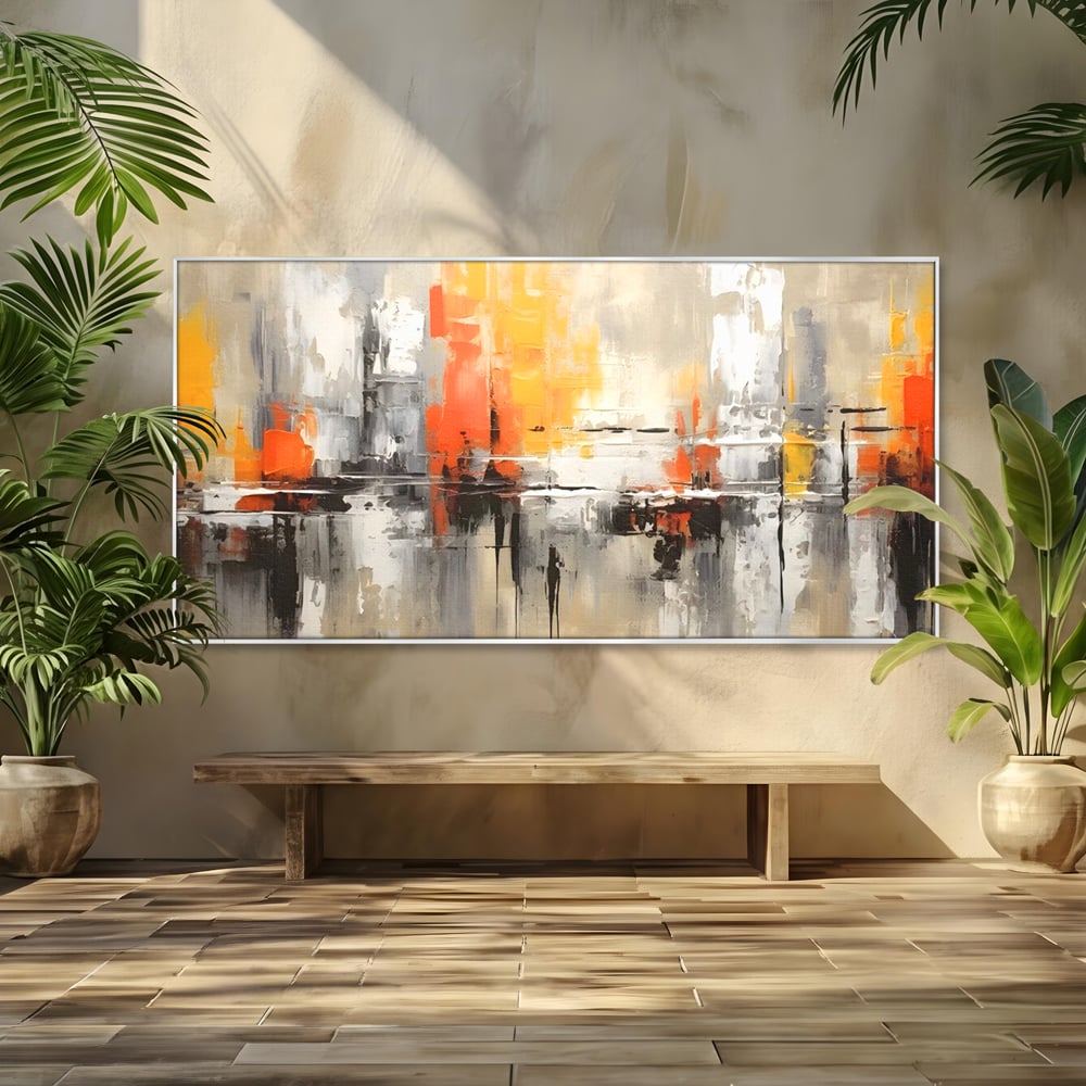 Tablou canvas cu pictura abstracta cu turnuri portocalii, in rama de aluminiu argintiu