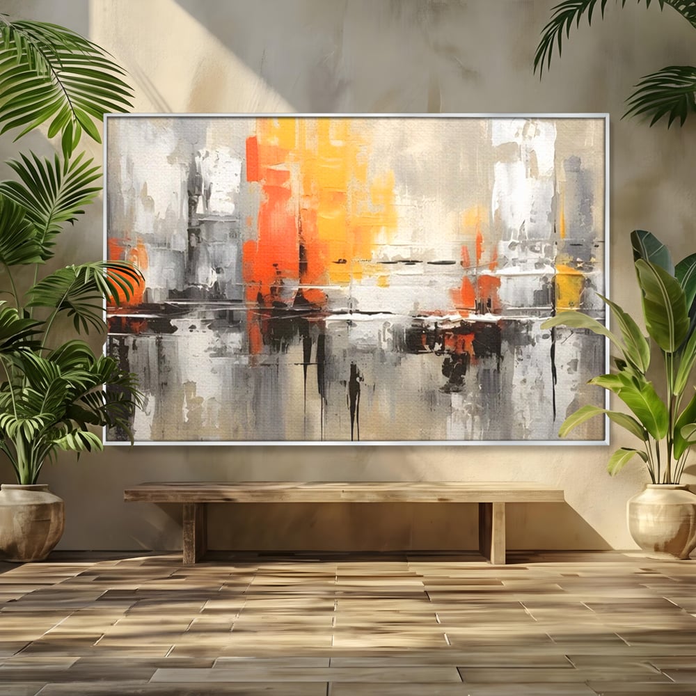 Tablou canvas cu pictura abstracta cu turnuri portocalii, in rama de aluminiu argintiu