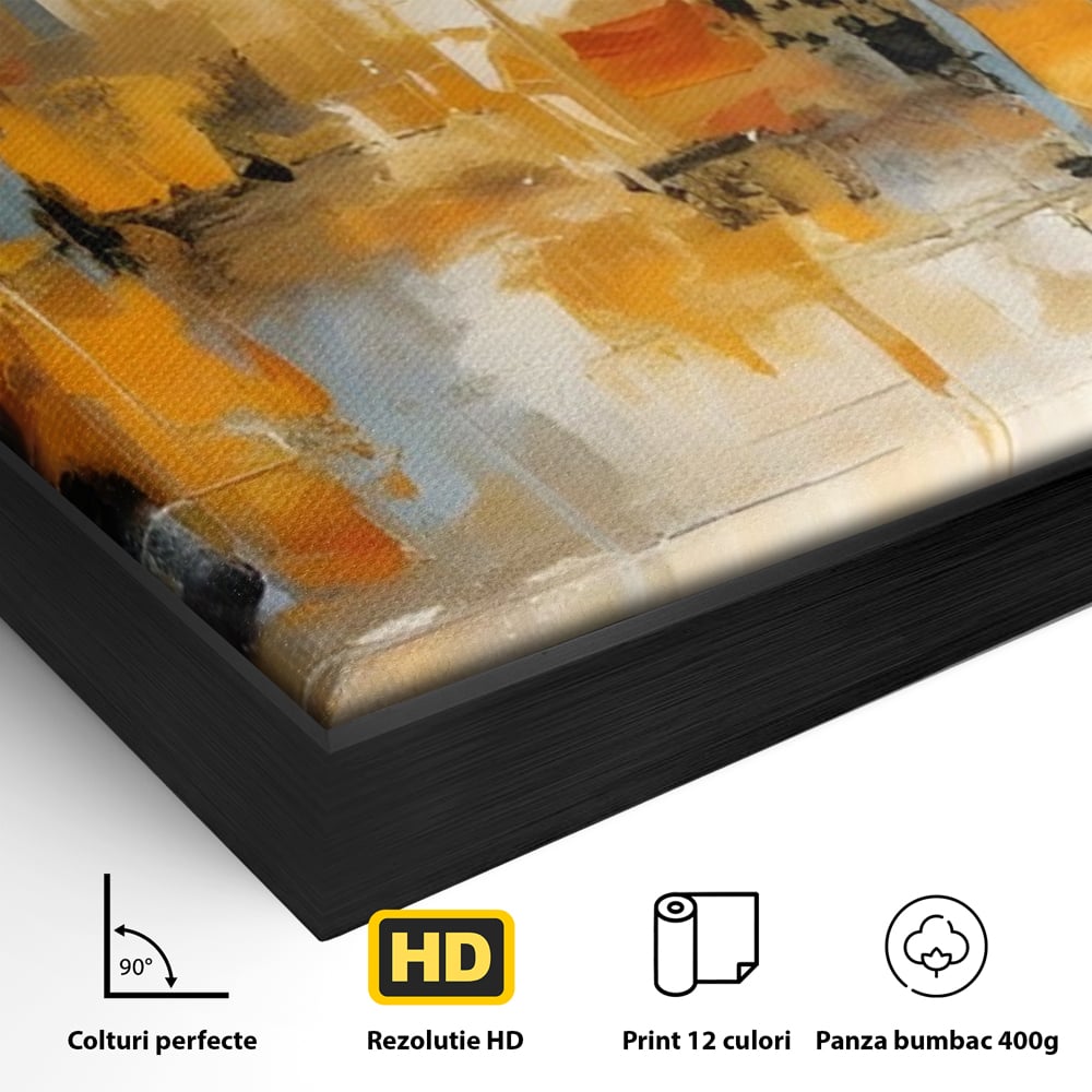 Detaliu al suprafetei: pictura abstracta cu reflexii in apa, in rama de aluminiu negru