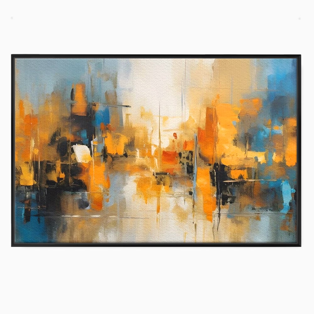 Tablou canvas cu pictura abstracta cu reflexii in apa, in rama de aluminiu negru