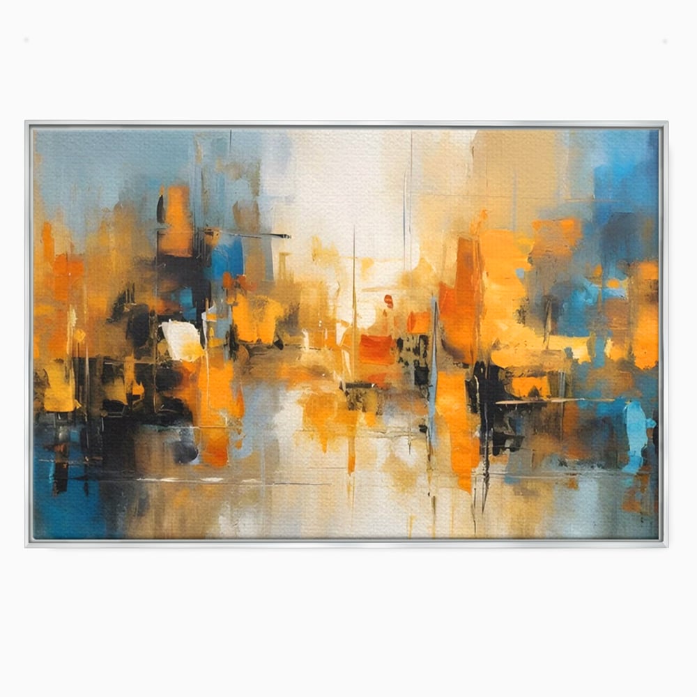 Tablou canvas cu pictura abstracta cu reflexii in apa, in rama de aluminiu argintiu