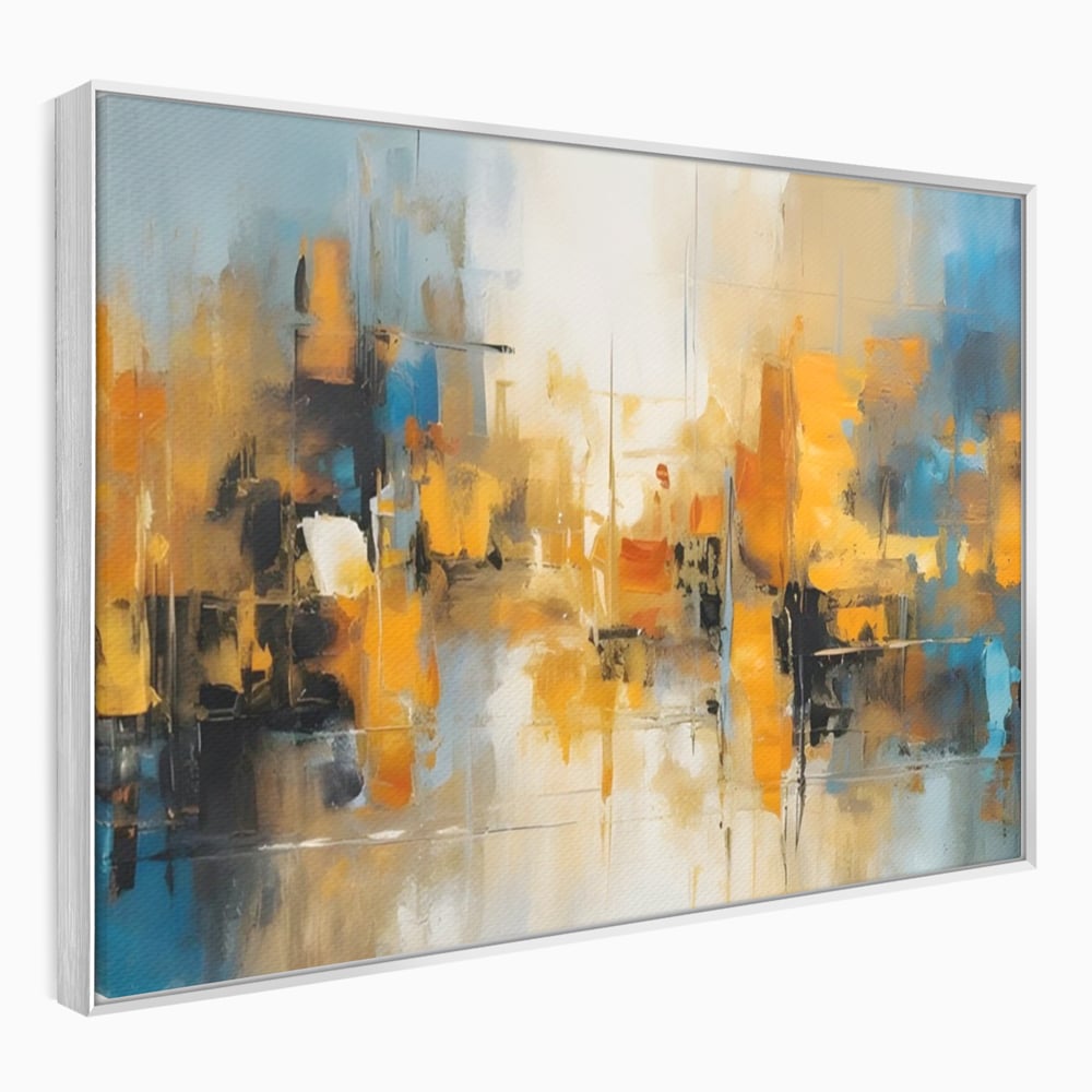 Tablou canvas cu pictura abstracta cu reflexii in apa, in rama de aluminiu argintiu