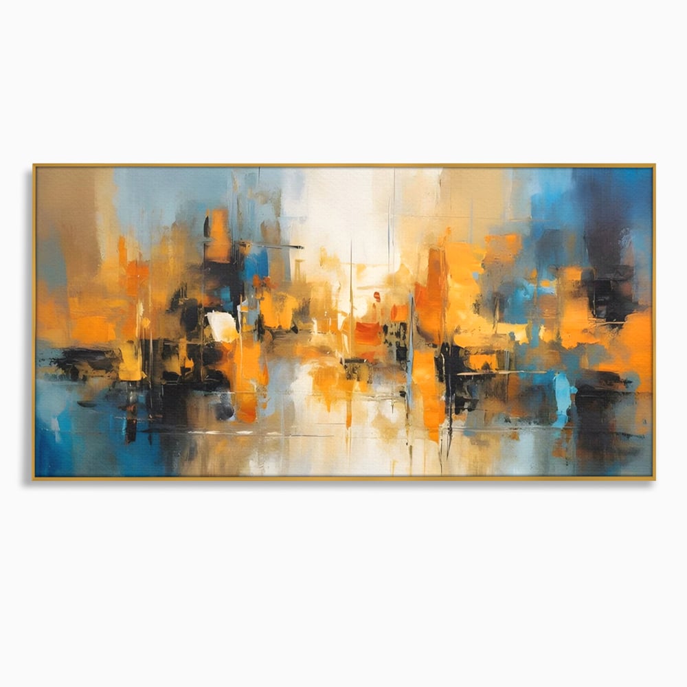 Tablou canvas cu pictura abstracta cu reflexii in apa, in rama de aluminiu auriu
