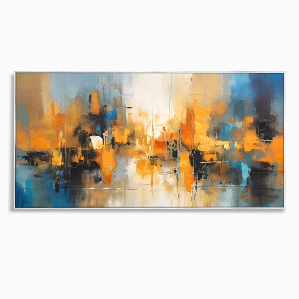 Tablou canvas cu pictura abstracta cu reflexii in apa, in rama de aluminiu argintiu