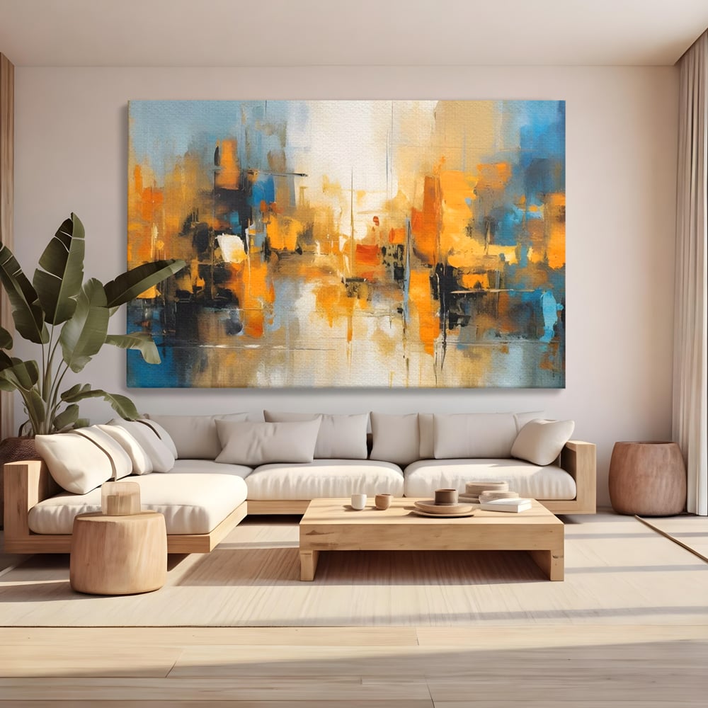 Tablou canvas cu pictura abstracta cu reflexii in apa, fara rama, pe sasiu de lemn, pe perete intr-un living