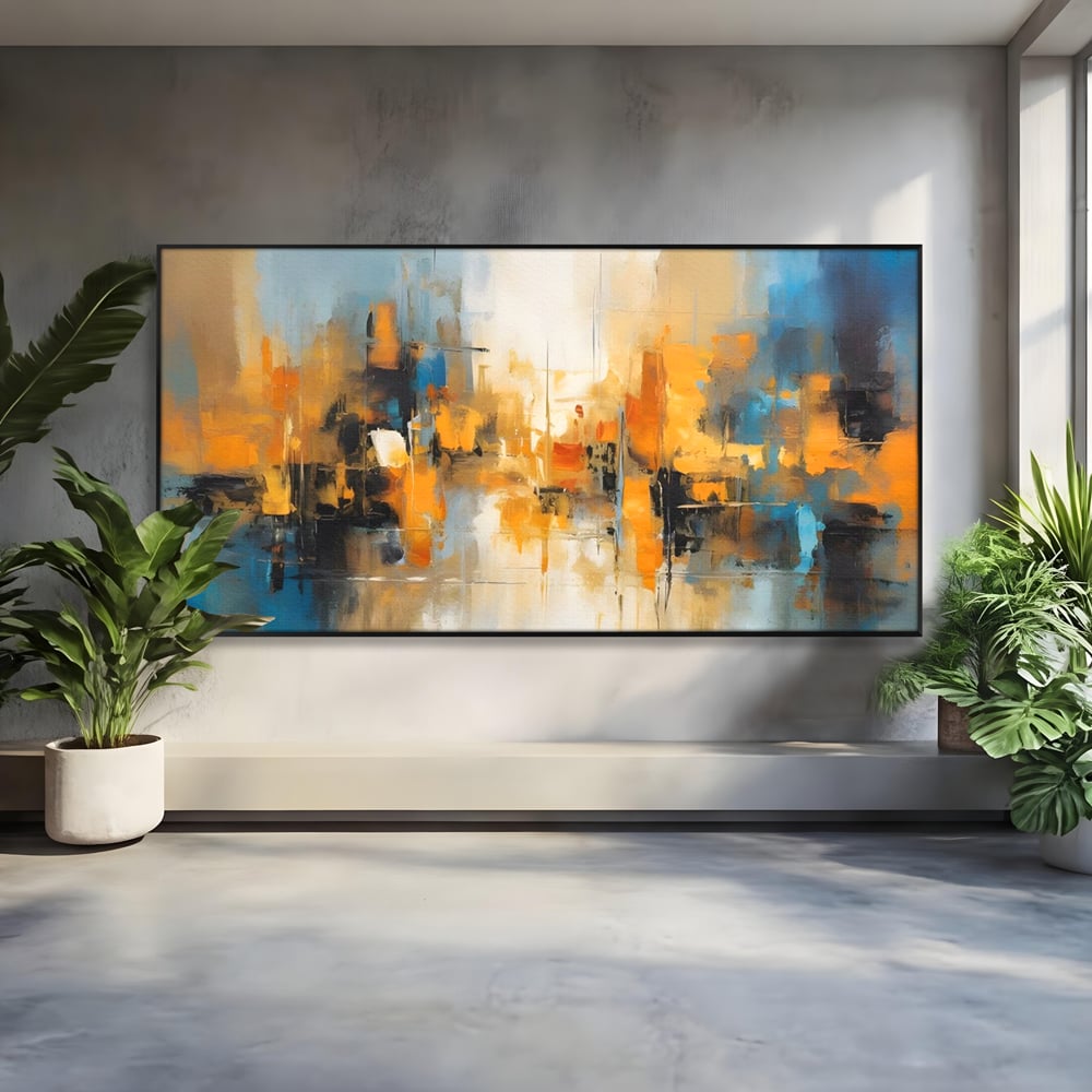 Tablou canvas cu pictura abstracta cu reflexii in apa, in rama de aluminiu negru