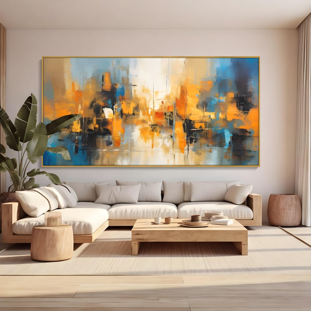 Tablou canvas cu pictura abstracta cu reflexii in apa, in rama de aluminiu auriu, pe perete intr-un living