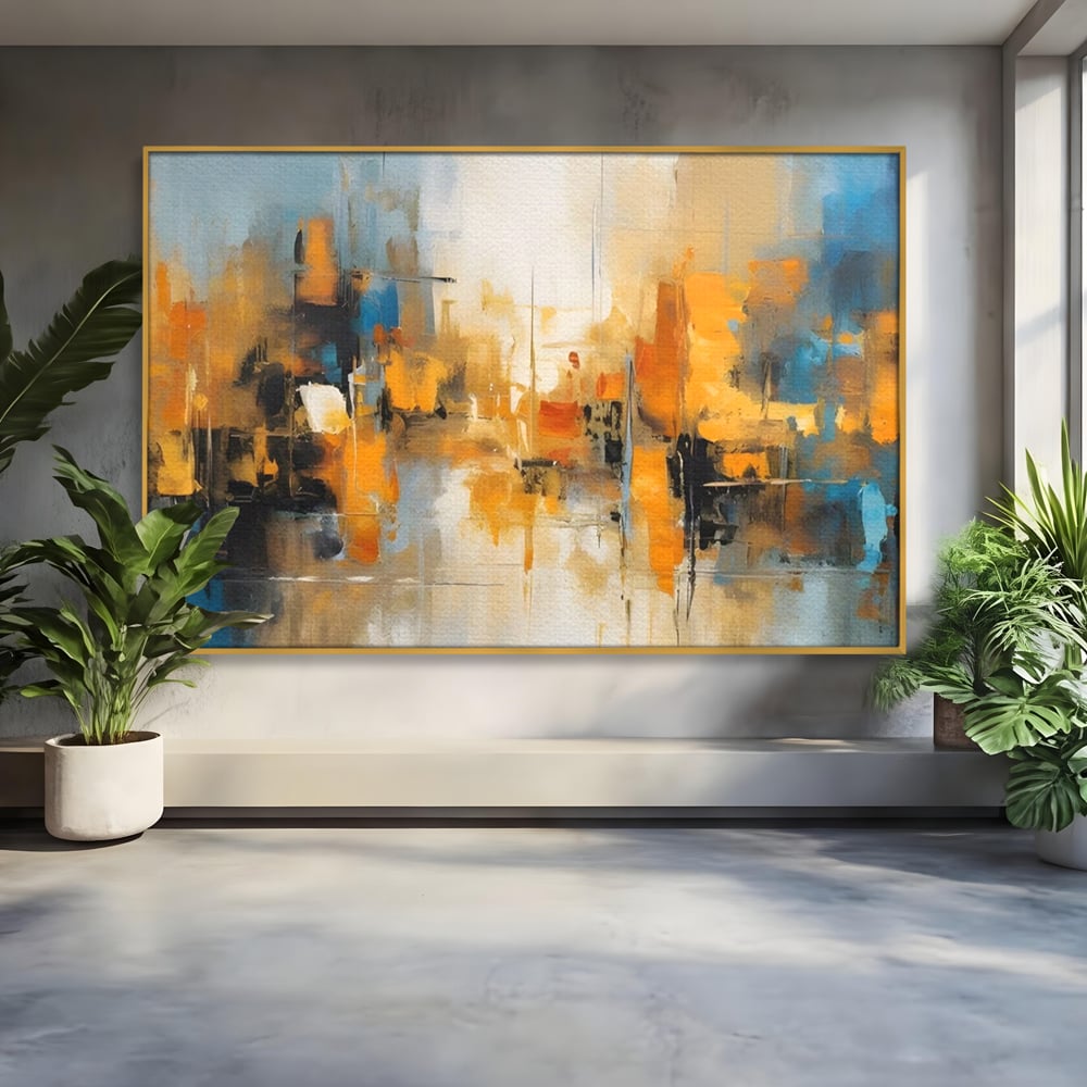 Tablou canvas cu pictura abstracta cu reflexii in apa, in rama de aluminiu auriu
