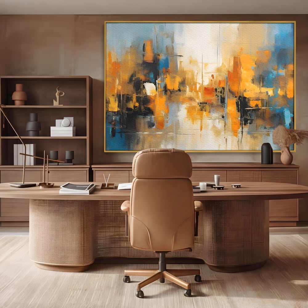 Tablou canvas cu pictura abstracta cu reflexii in apa, in rama de aluminiu auriu, pe perete intr-un birou