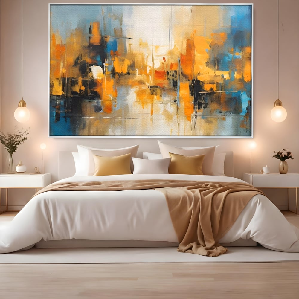 Tablou canvas cu pictura abstracta cu reflexii in apa, in rama de aluminiu argintiu, pe perete intr-un dormitor