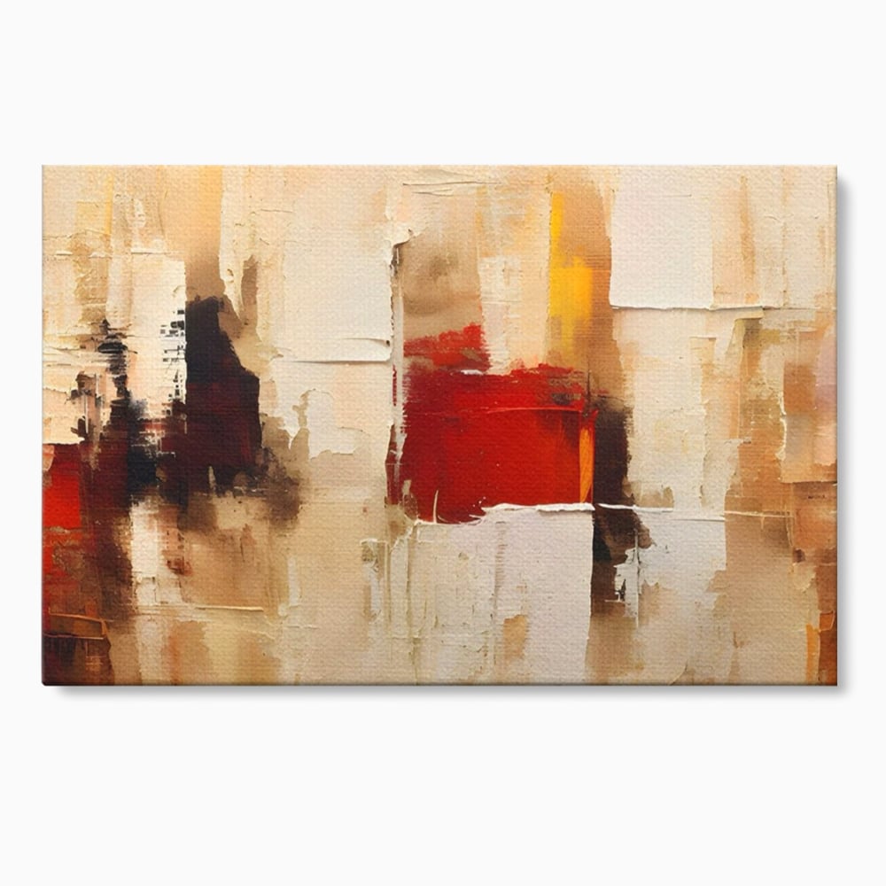 Tablou canvas cu pictura abstracta cu pete de rosu si bej, fara rama, pe sasiu de lemn