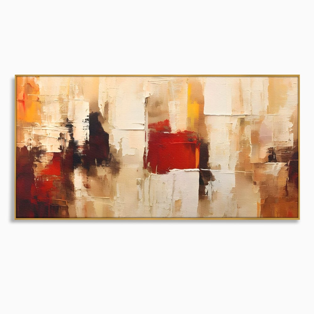 Tablou canvas cu pictura abstracta cu pete de rosu si bej, in rama de aluminiu auriu