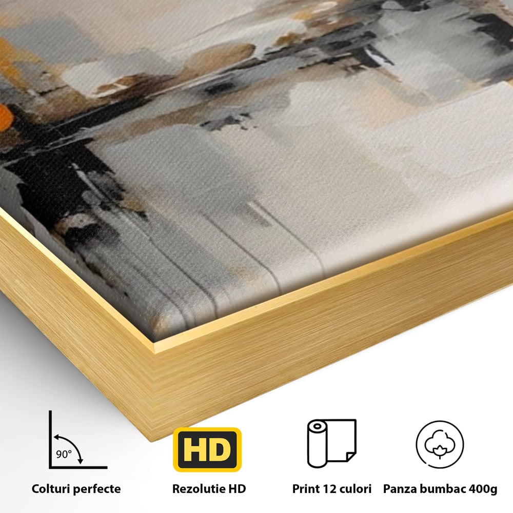 Detaliu al suprafetei: pictura abstracta cu reflexii urbane, in rama de aluminiu auriu