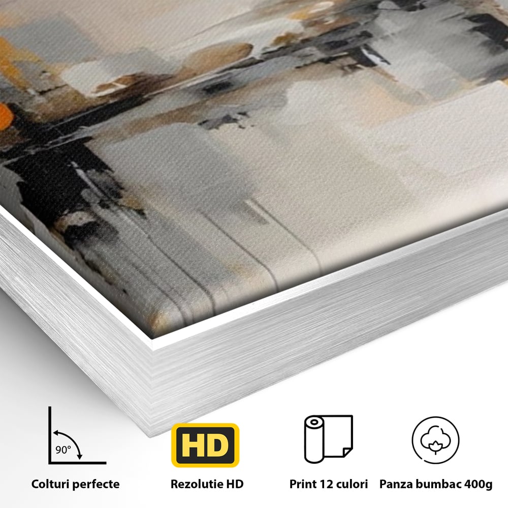 Detaliu al suprafetei: pictura abstracta cu reflexii urbane, in rama de aluminiu argintiu