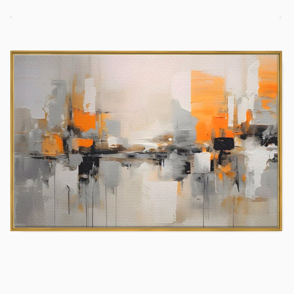 Tablou canvas cu pictura abstracta cu reflexii urbane, in rama de aluminiu auriu