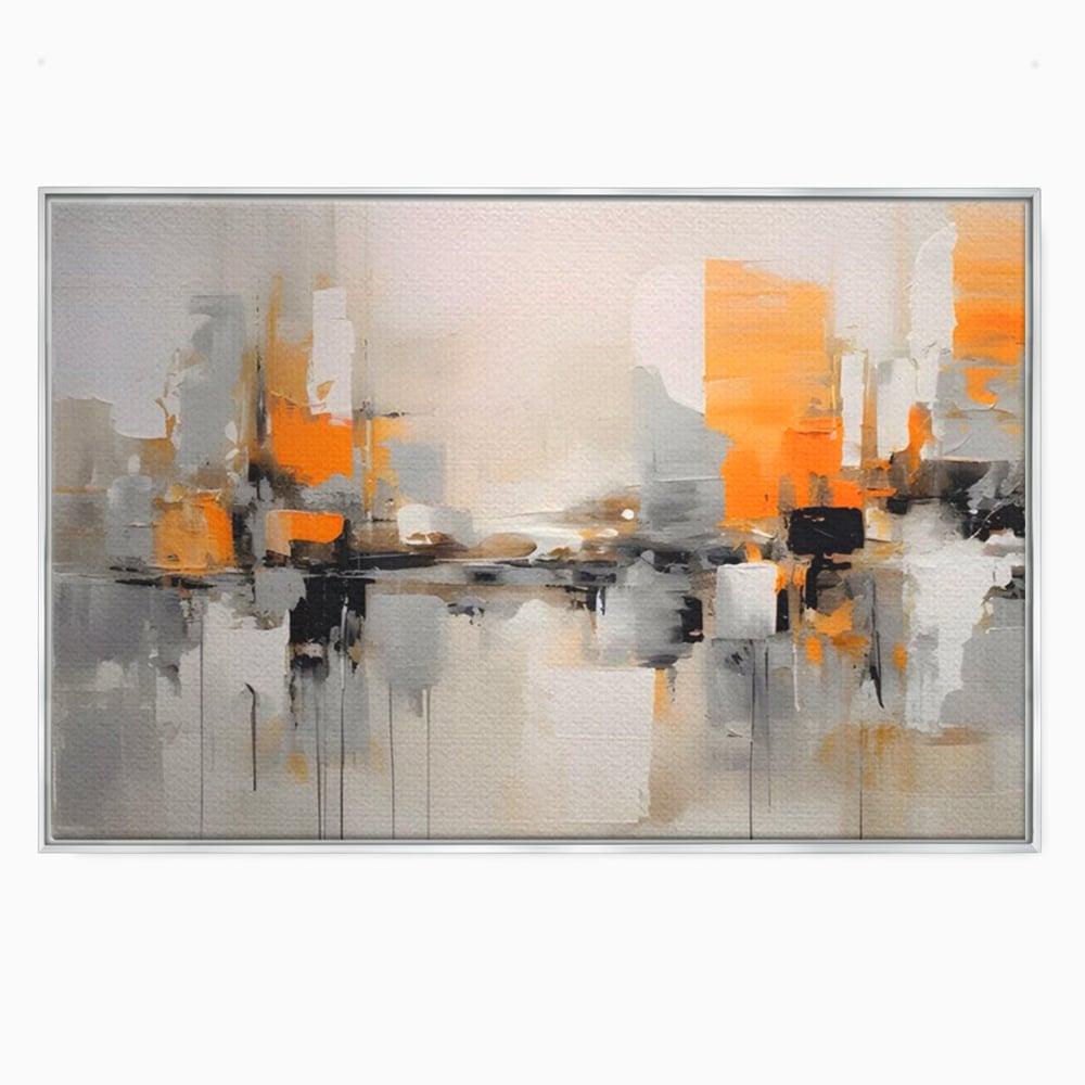 Tablou canvas cu pictura abstracta cu reflexii urbane, in rama de aluminiu argintiu
