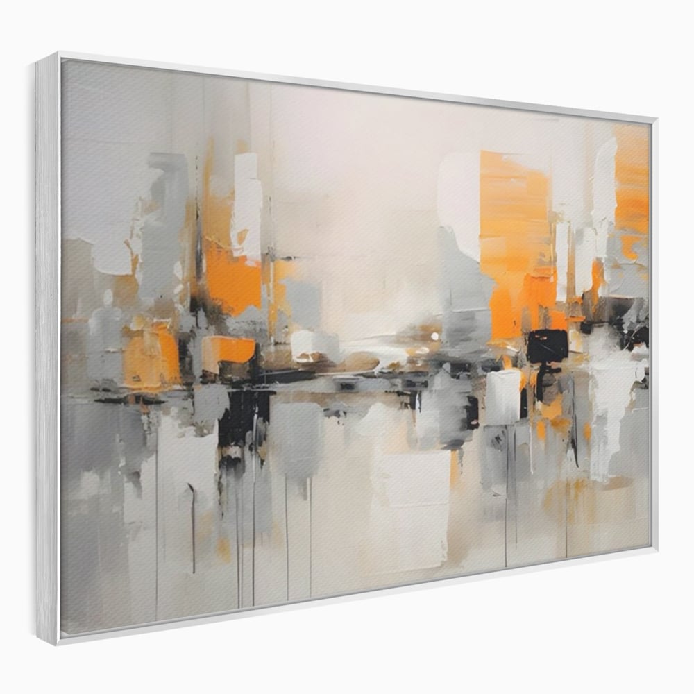 Tablou canvas cu pictura abstracta cu reflexii urbane, in rama de aluminiu argintiu