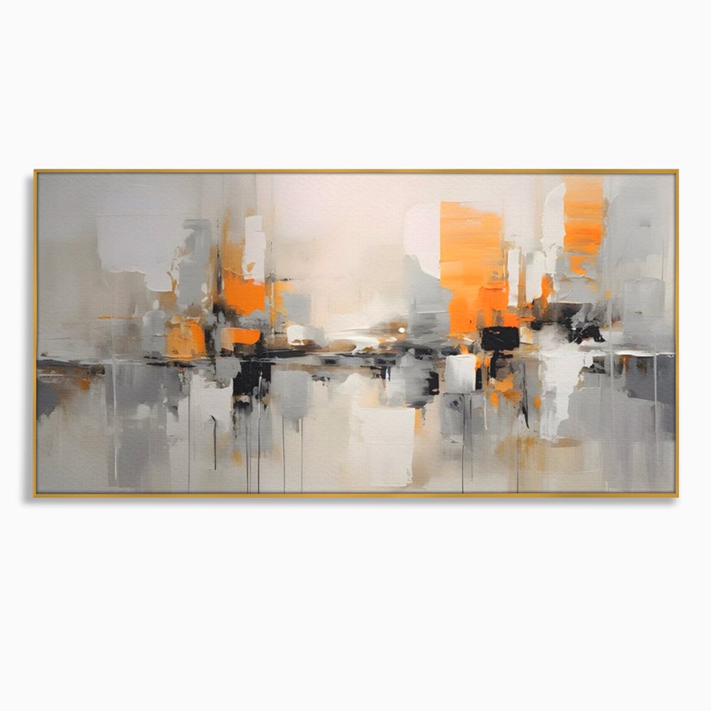 Tablou canvas cu pictura abstracta cu reflexii urbane, in rama de aluminiu auriu