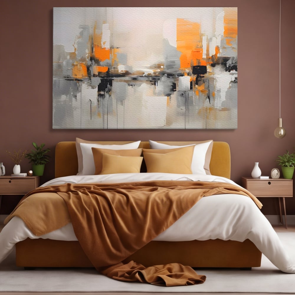 Tablou canvas cu pictura abstracta cu reflexii urbane, fara rama, pe sasiu de lemn, pe perete intr-un dormitor