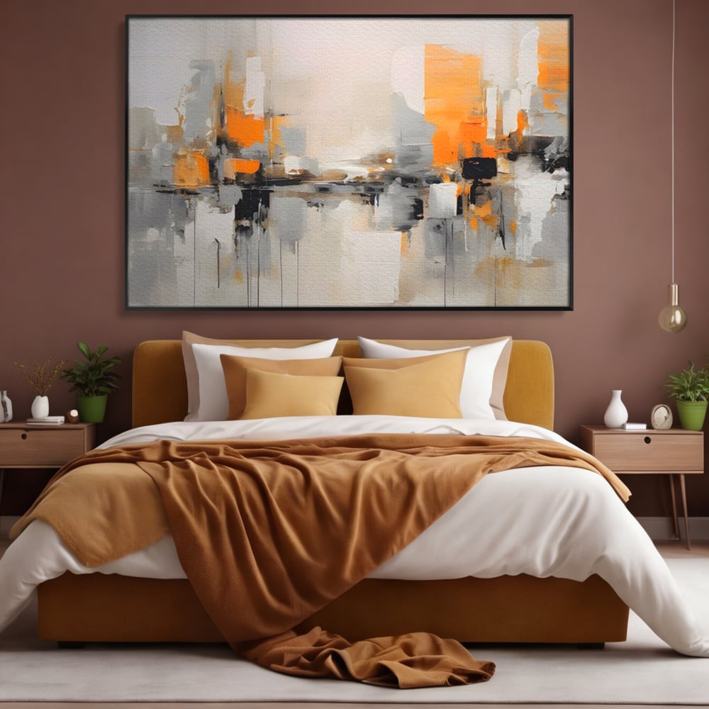 Tablou canvas cu pictura abstracta cu reflexii urbane, in rama de aluminiu negru, pe perete intr-un dormitor