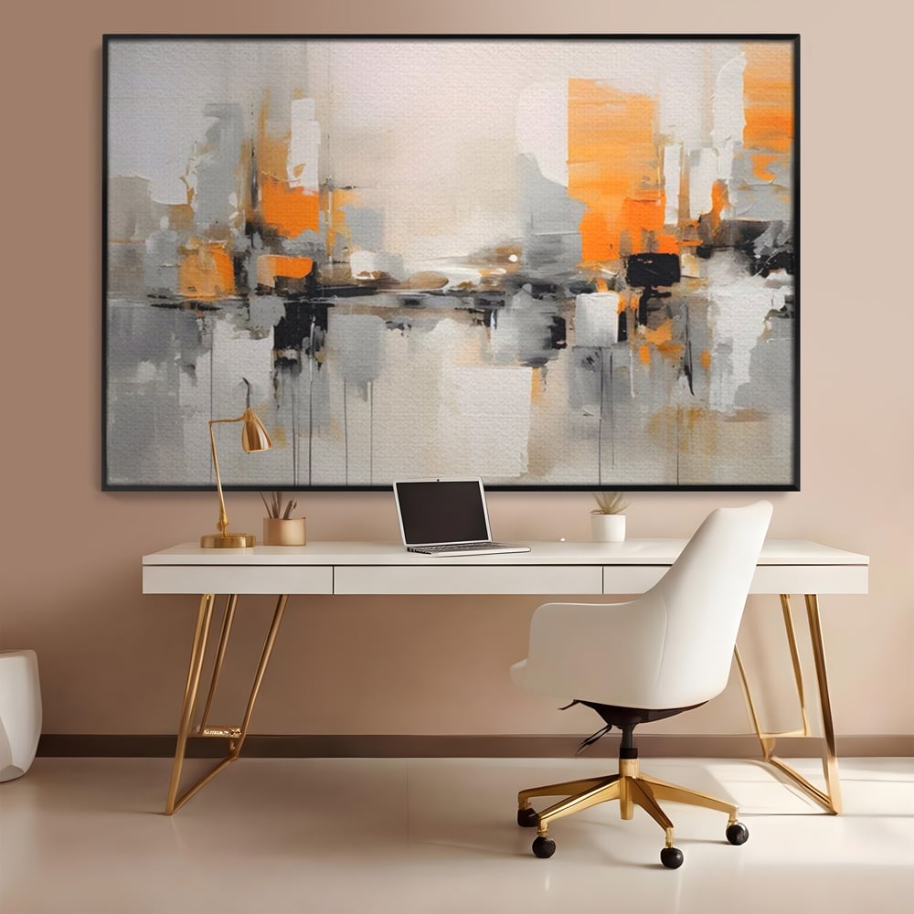 Tablou canvas cu pictura abstracta cu reflexii urbane, in rama de aluminiu negru, pe perete intr-un birou