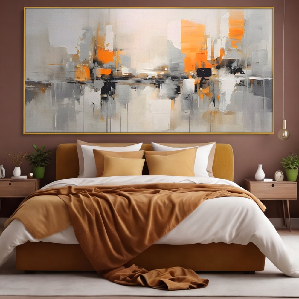Tablou canvas cu pictura abstracta cu reflexii urbane, in rama de aluminiu auriu, pe perete intr-un dormitor