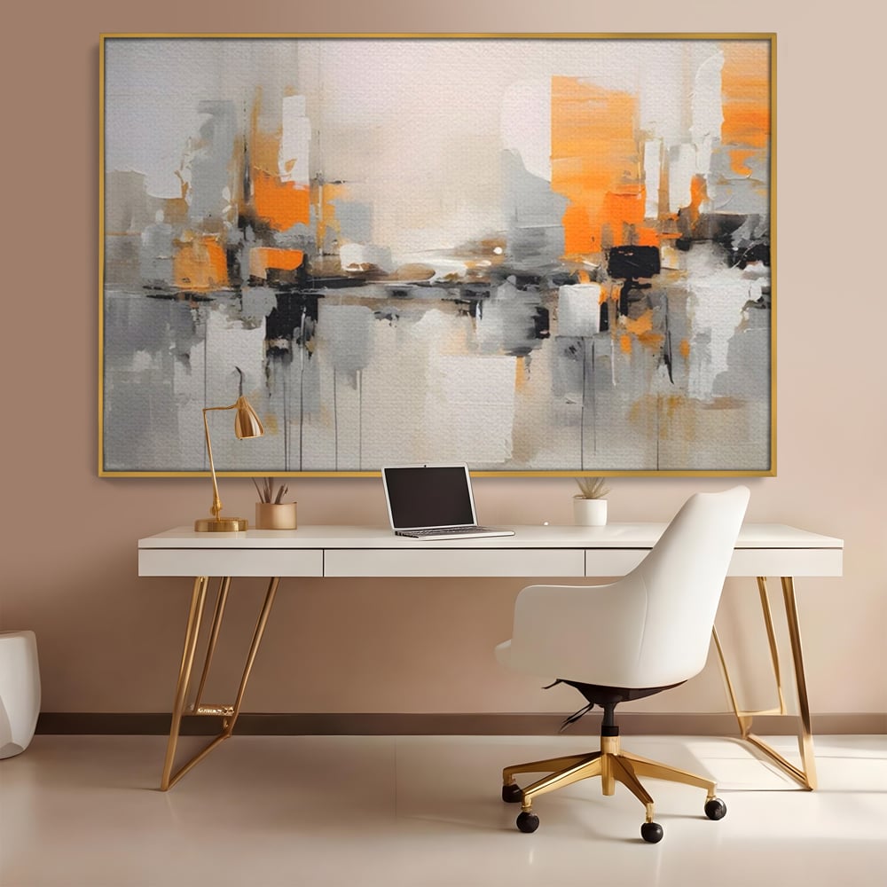 Tablou canvas cu pictura abstracta cu reflexii urbane, in rama de aluminiu auriu, pe perete intr-un birou