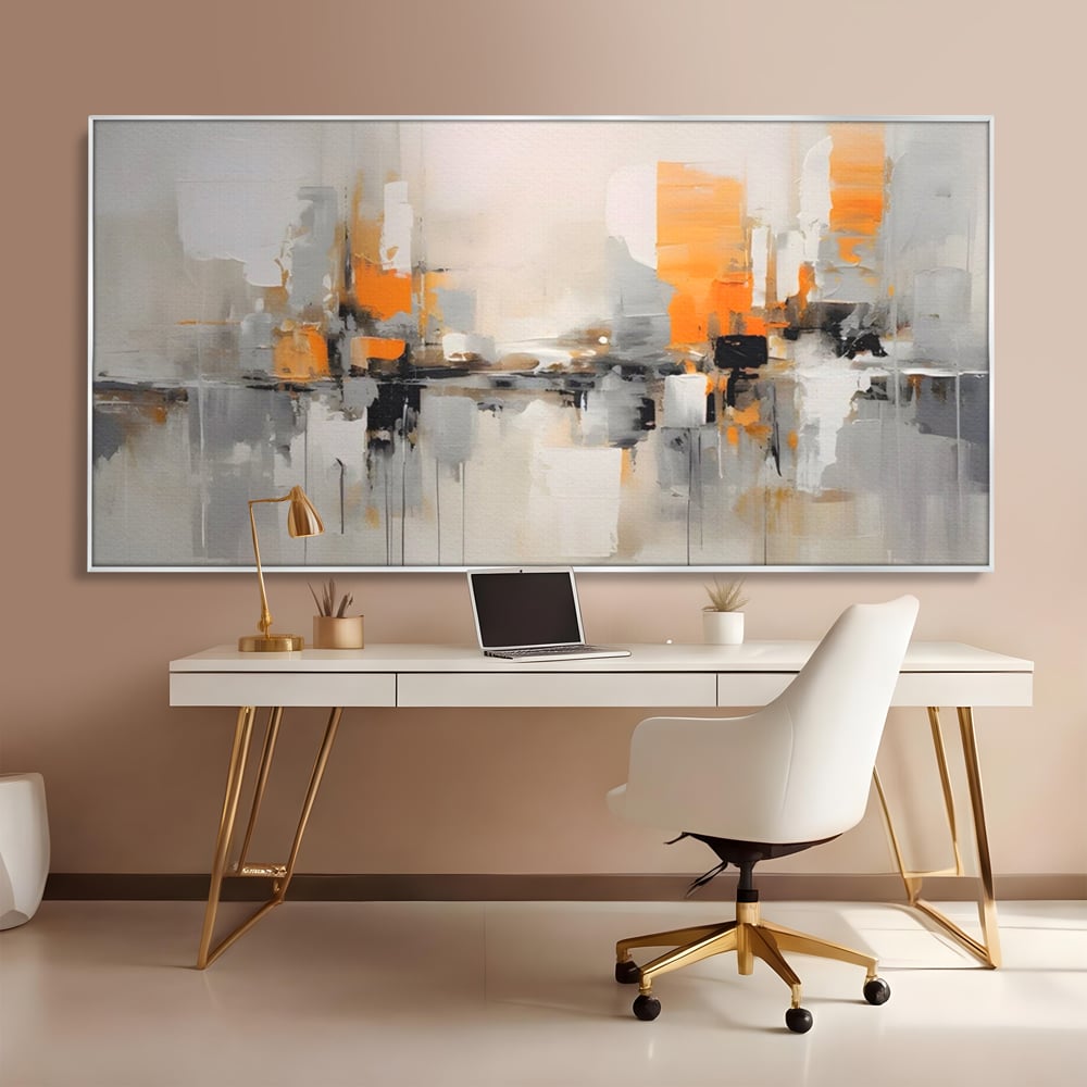 Tablou canvas cu pictura abstracta cu reflexii urbane, in rama de aluminiu argintiu, pe perete intr-un birou