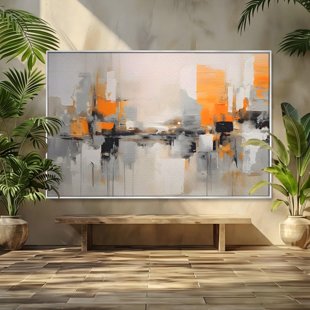 Tablou canvas cu pictura abstracta cu reflexii urbane, in rama de aluminiu argintiu