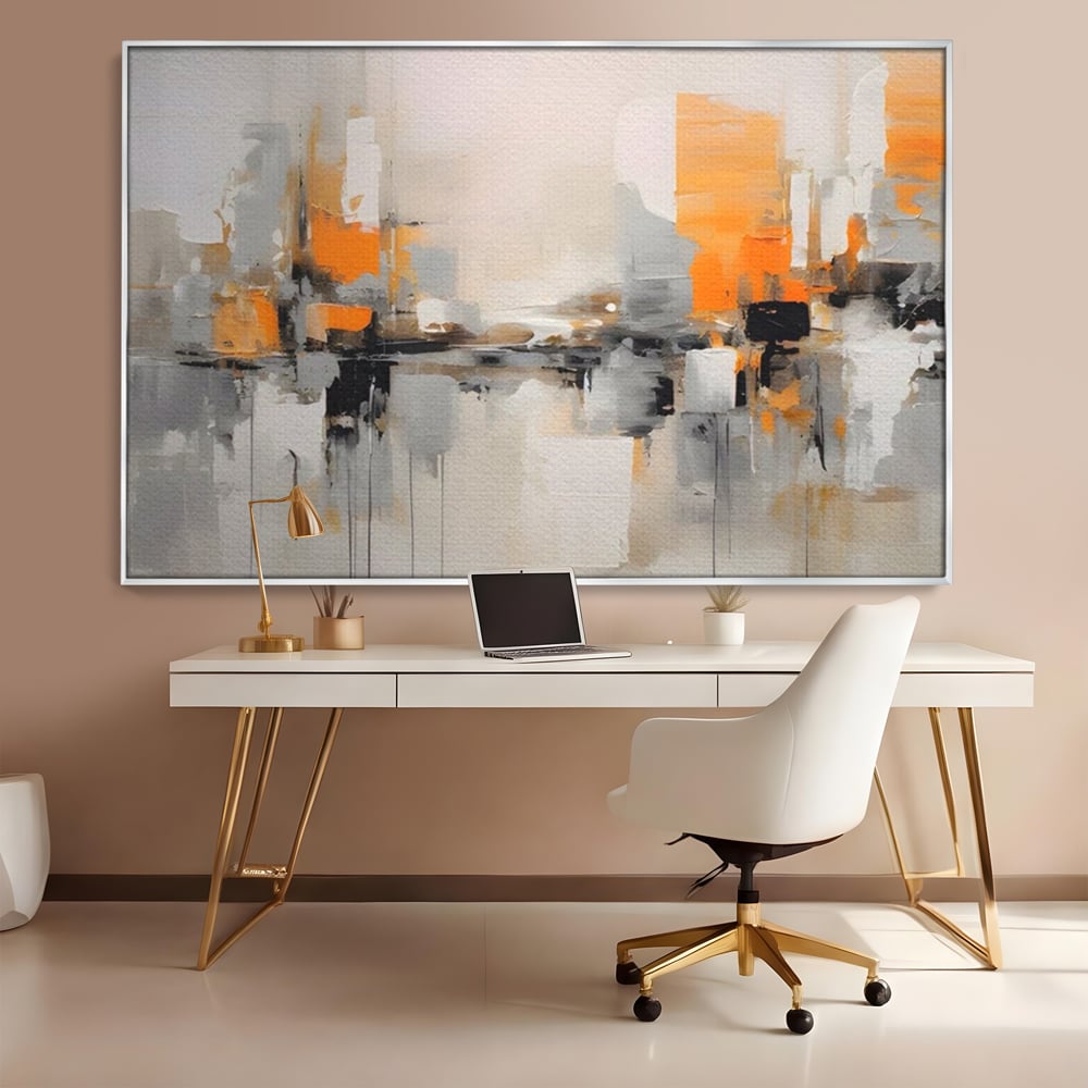 Tablou canvas cu pictura abstracta cu reflexii urbane, in rama de aluminiu argintiu, pe perete intr-un birou