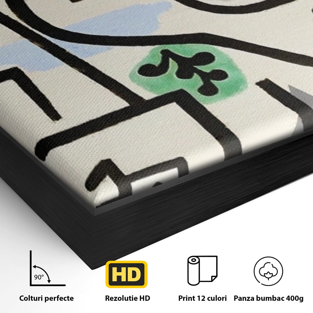 Detaliu al suprafetei: pictura abstracta cu forme negre si pete colorate, in rama de aluminiu negru