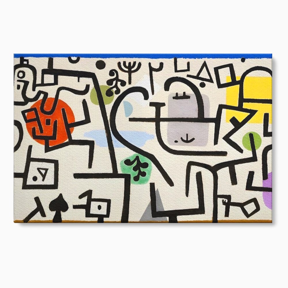 Tablou canvas cu pictura abstracta cu forme negre si pete colorate, fara rama, pe sasiu de lemn