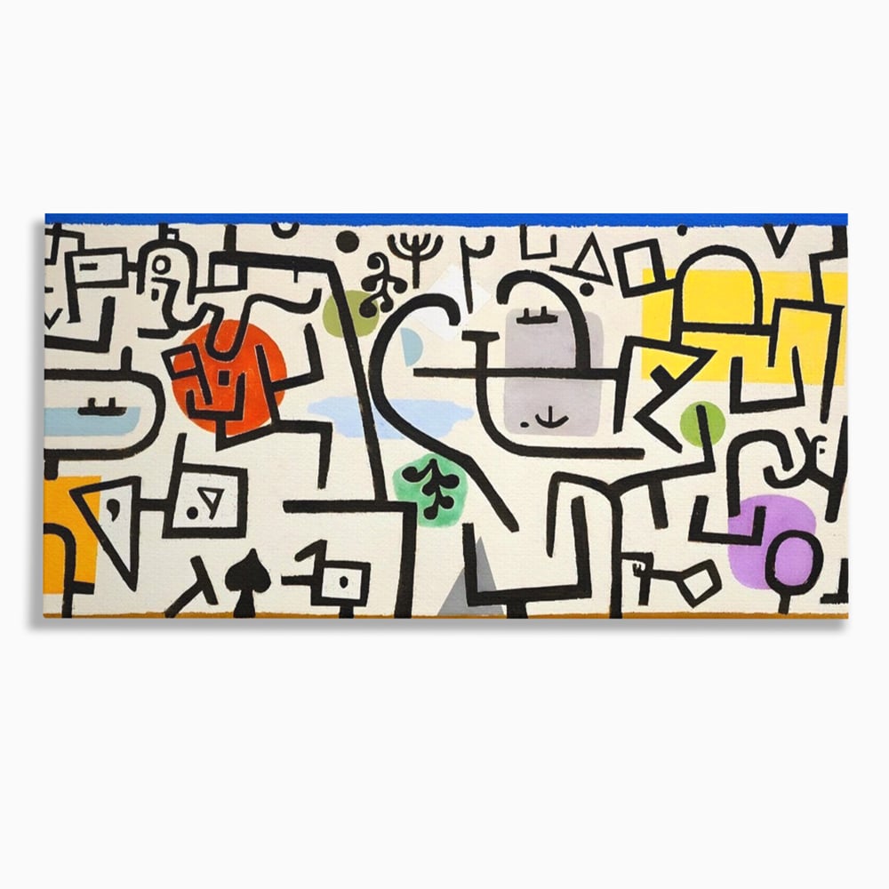 Tablou canvas cu pictura abstracta cu forme negre si pete colorate, fara rama, pe sasiu de lemn